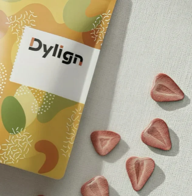 Gold sample packaging card on fabric with strawberry candy pieces