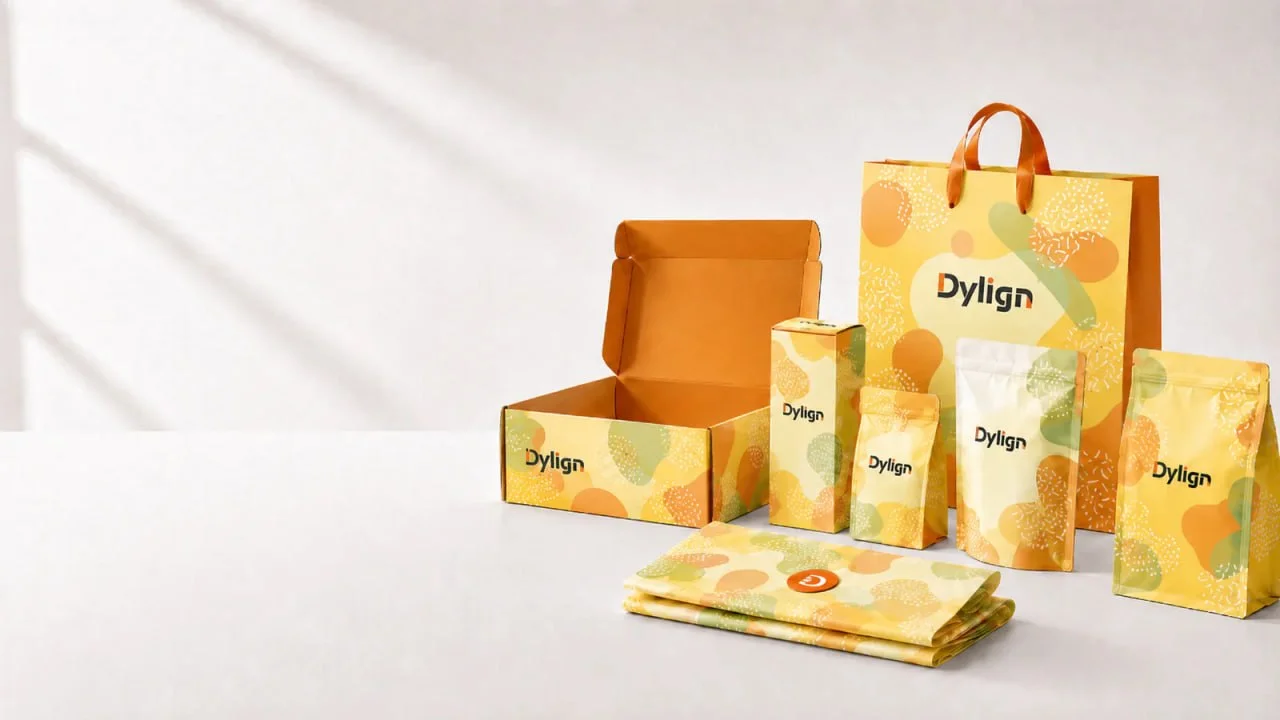 Dylign custom packaging lineup with mailer box, paper bag, cartons, pouches and tissue paper