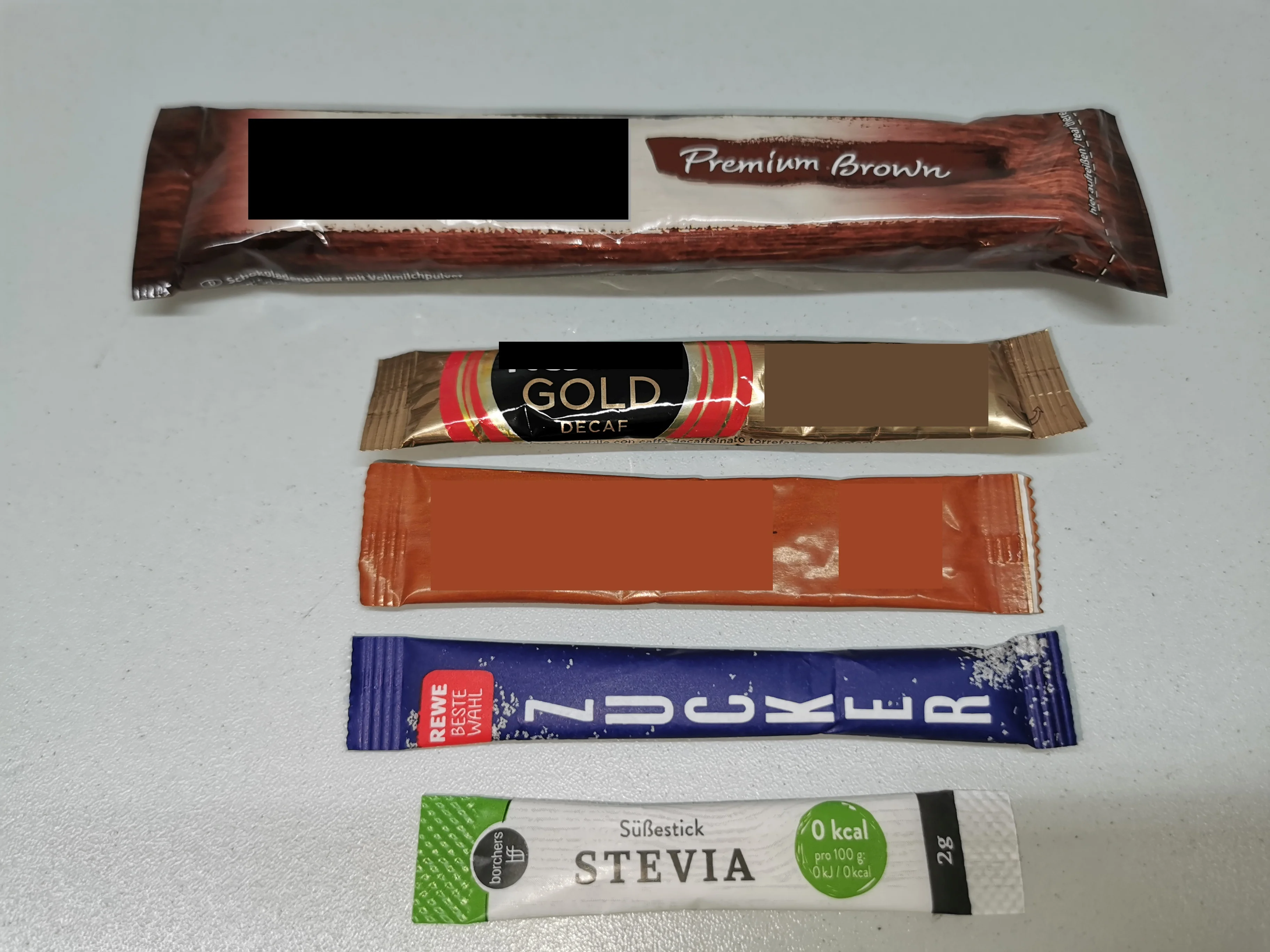 Real single-serve stick packs in different narrow formats for powders, sugar, sweetener, and drink mixes