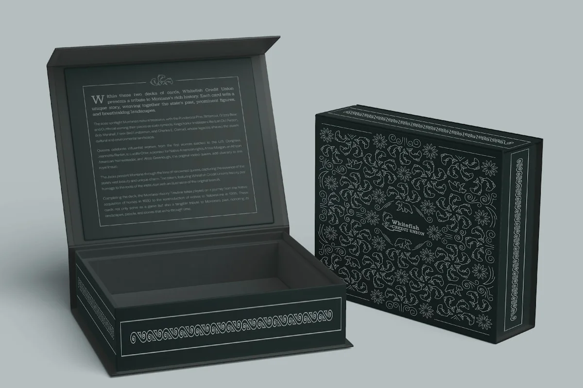 Elegant black book-style rigid box with product inside showing hinged lid design