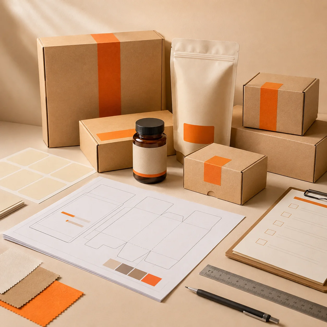Packaging samples and dielines arranged for production review