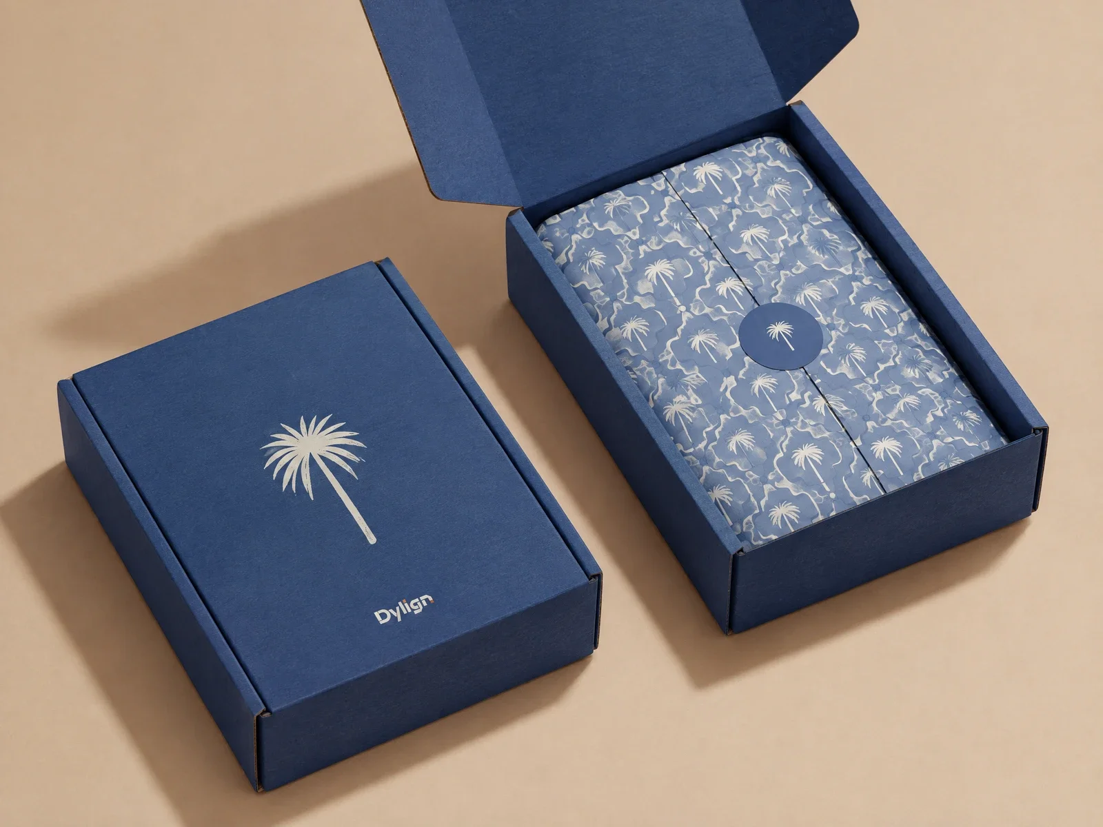 Blue printed mailer box with a patterned interior