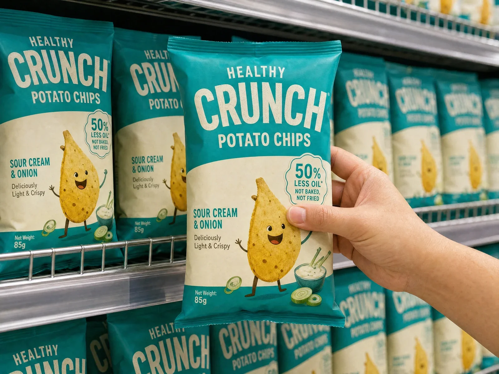 Printed potato chip packs on a store shelf