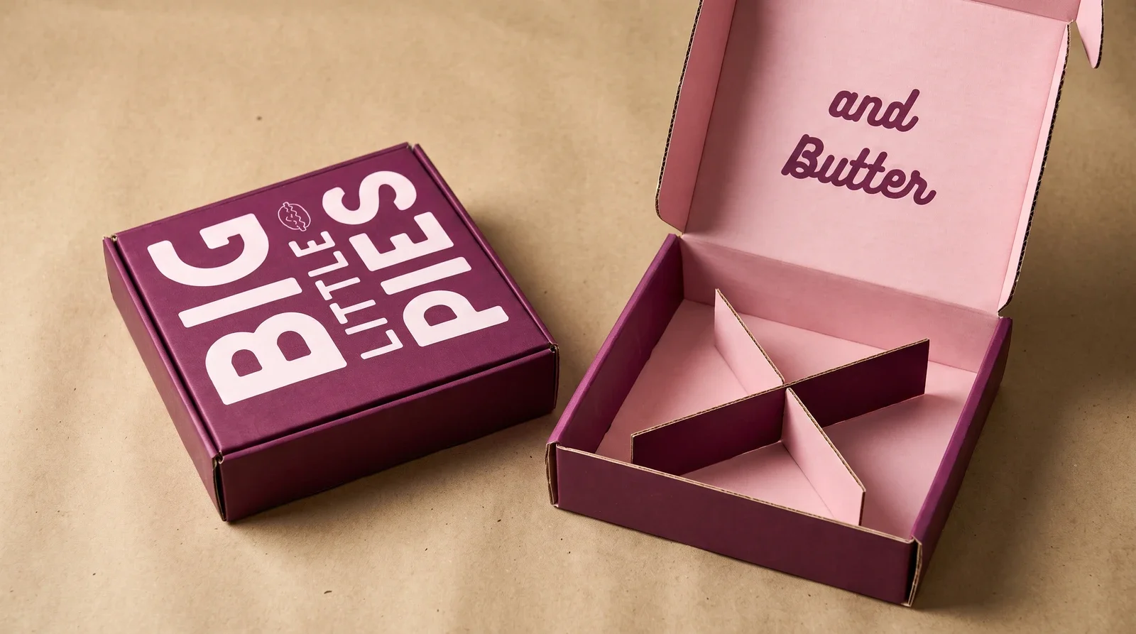 Pink Big Little Pies mailer boxes