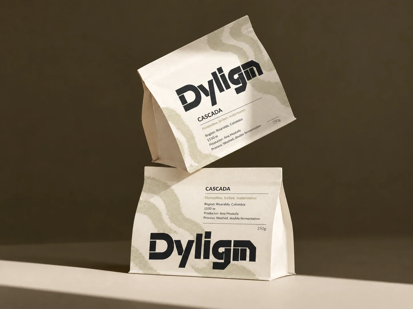 Stacked white Dylign flat-bottom pouches