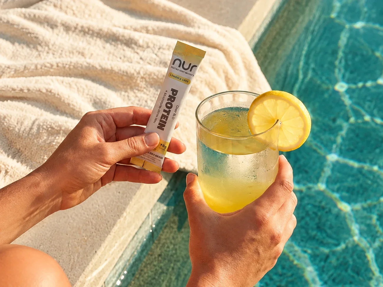 Protein stick pack with a poolside drink
