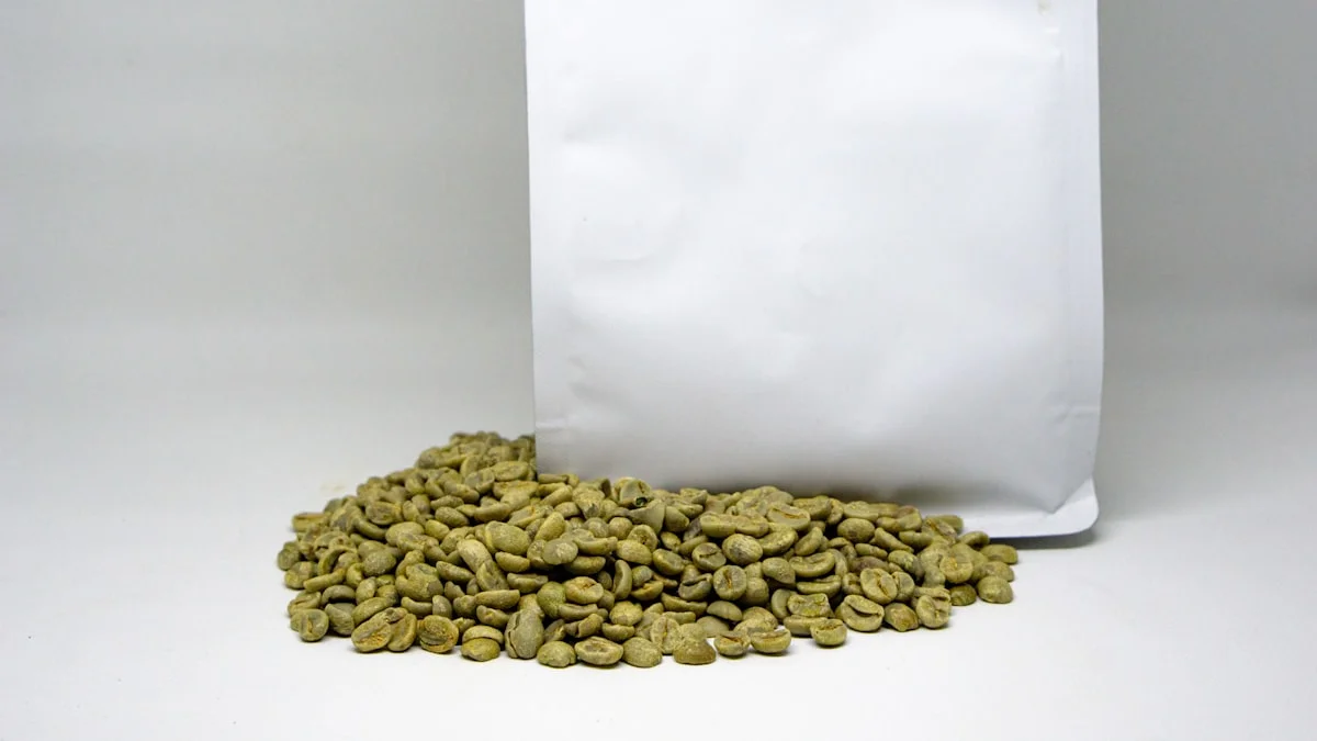 flat bottom pouch with coffee beans showing finished retail packaging