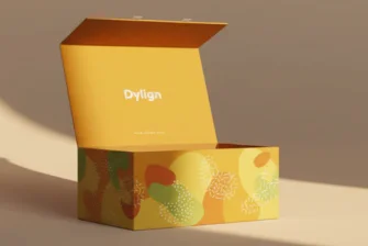 Custom box and patterned packaging on a warm studio surface