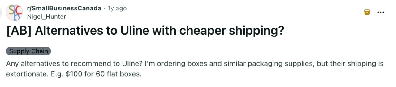 Reddit discussion about Uline shipping costs showing a $100 charge for 60 flat boxes