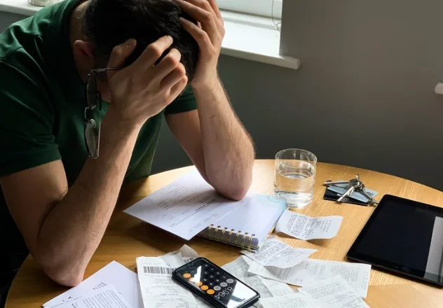 A founder reviewing bills and calculations at a table