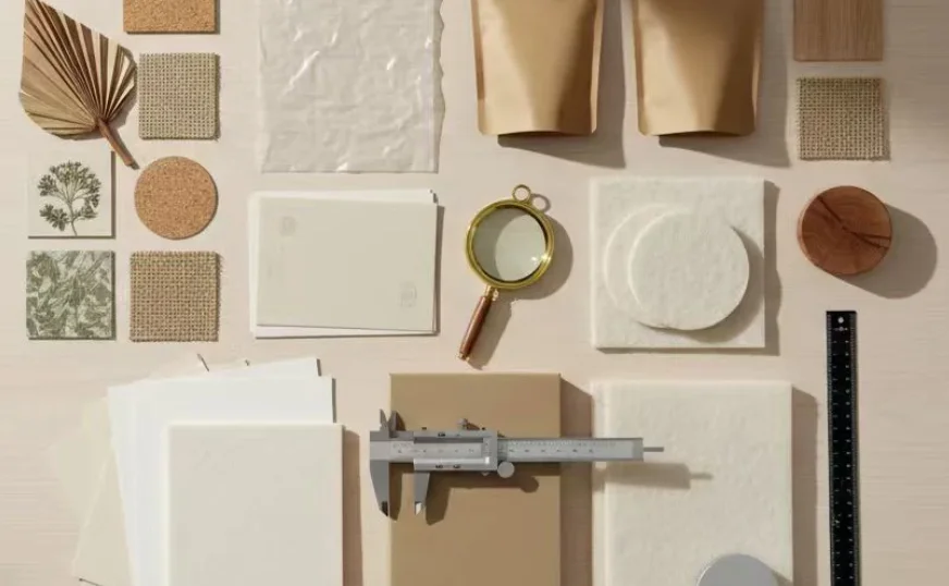 A material research table with paper and fiber samples