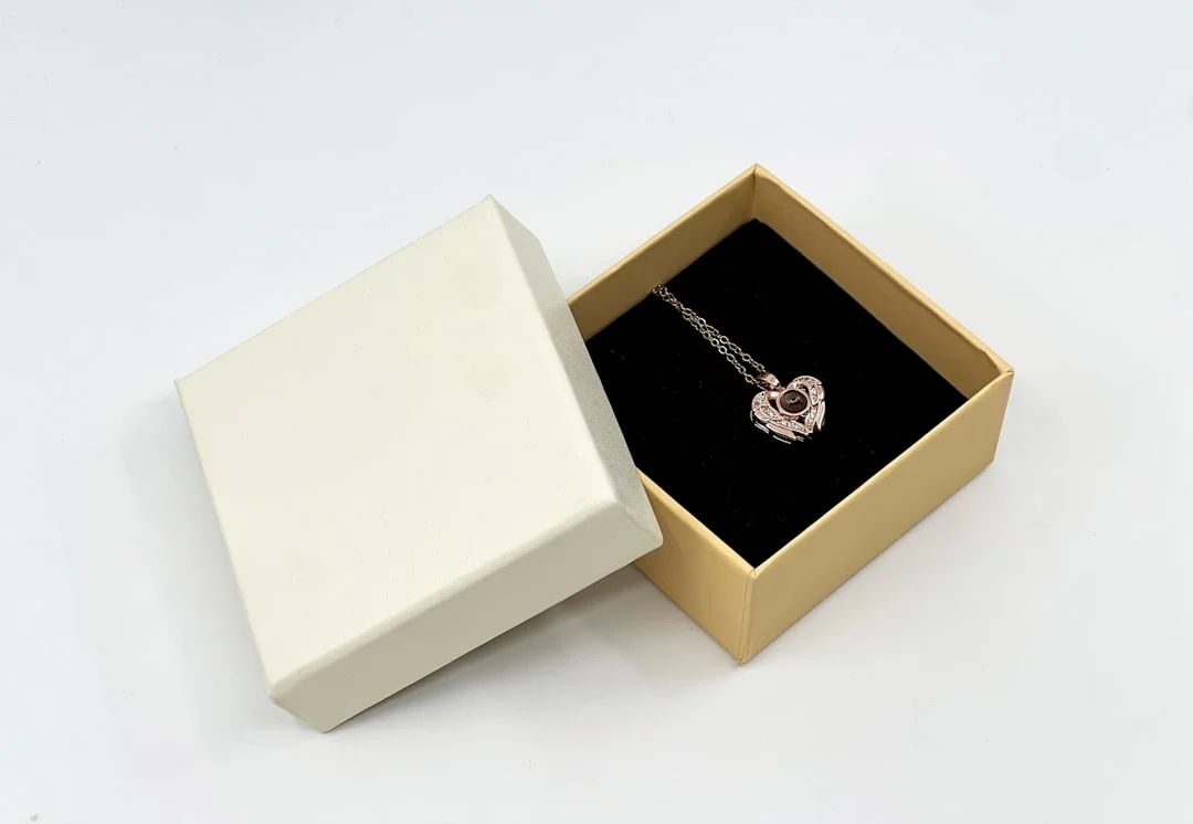 Jewelry displayed in rigid box packaging