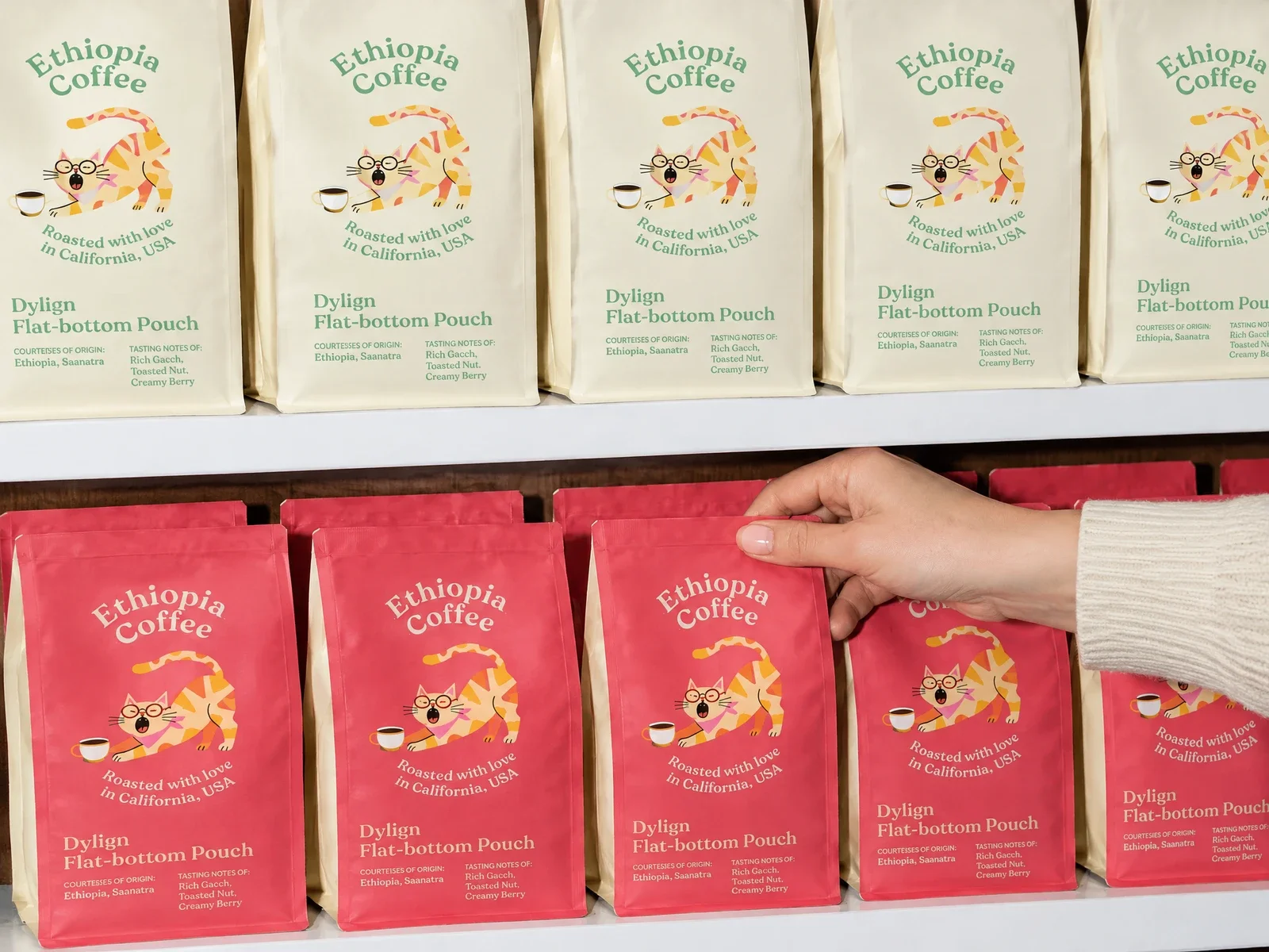 Colorful flat-bottom pouches on a shelf