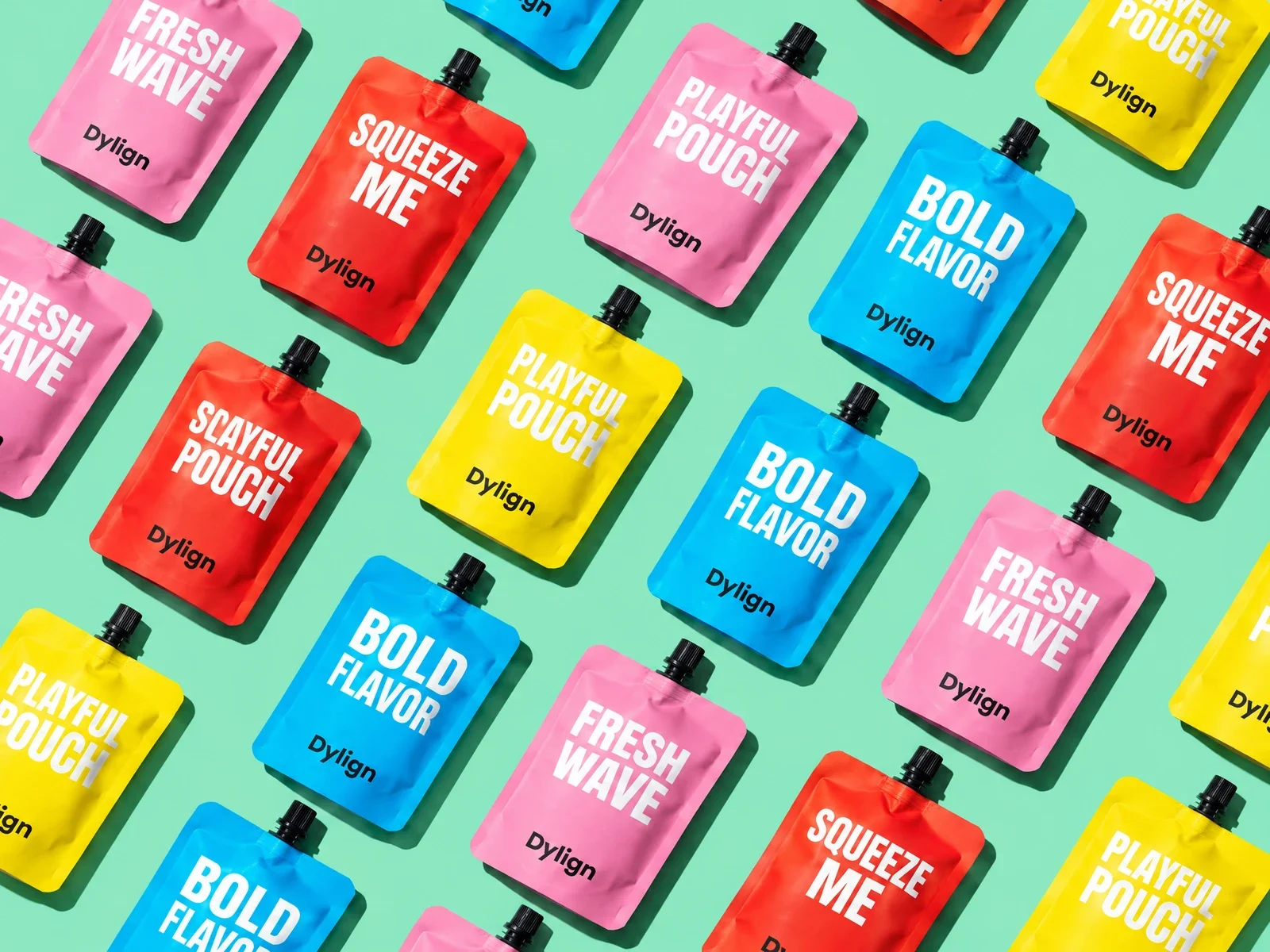 Colorful pouches arranged in a grid