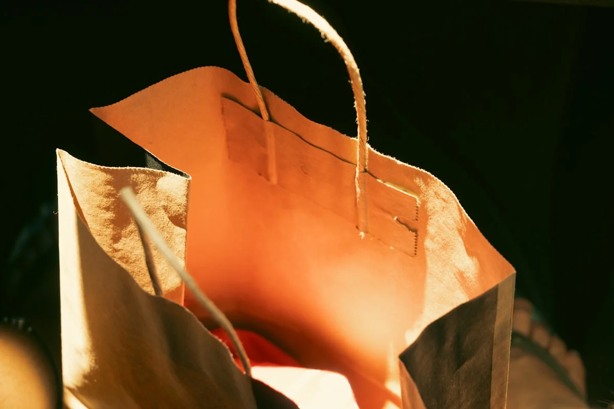 Brown paper shopping bag with handles for retail packaging