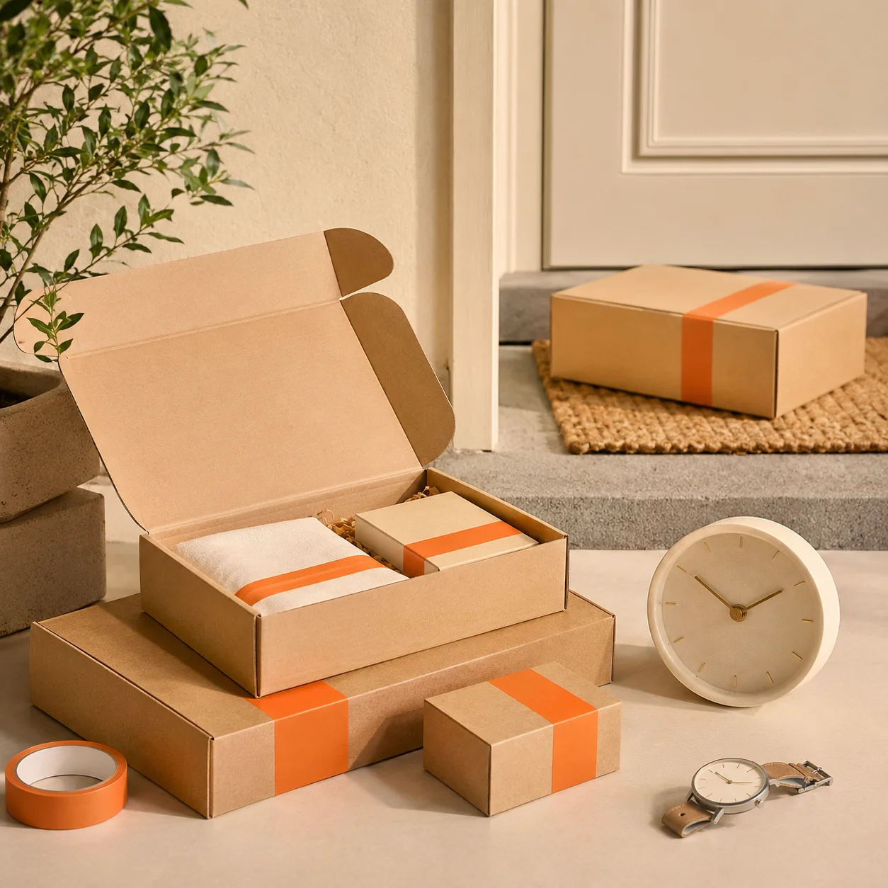 Kraft packaging arranged beside a clock to represent a clear delivery timeline