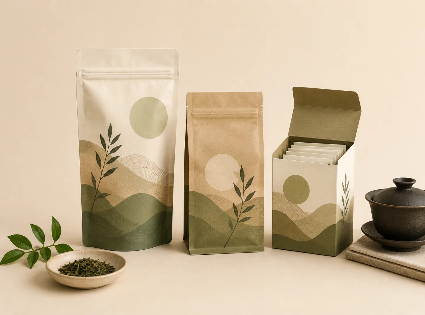 Custom tea packaging for loose leaf, matcha, herbal blends, and prepared sachets