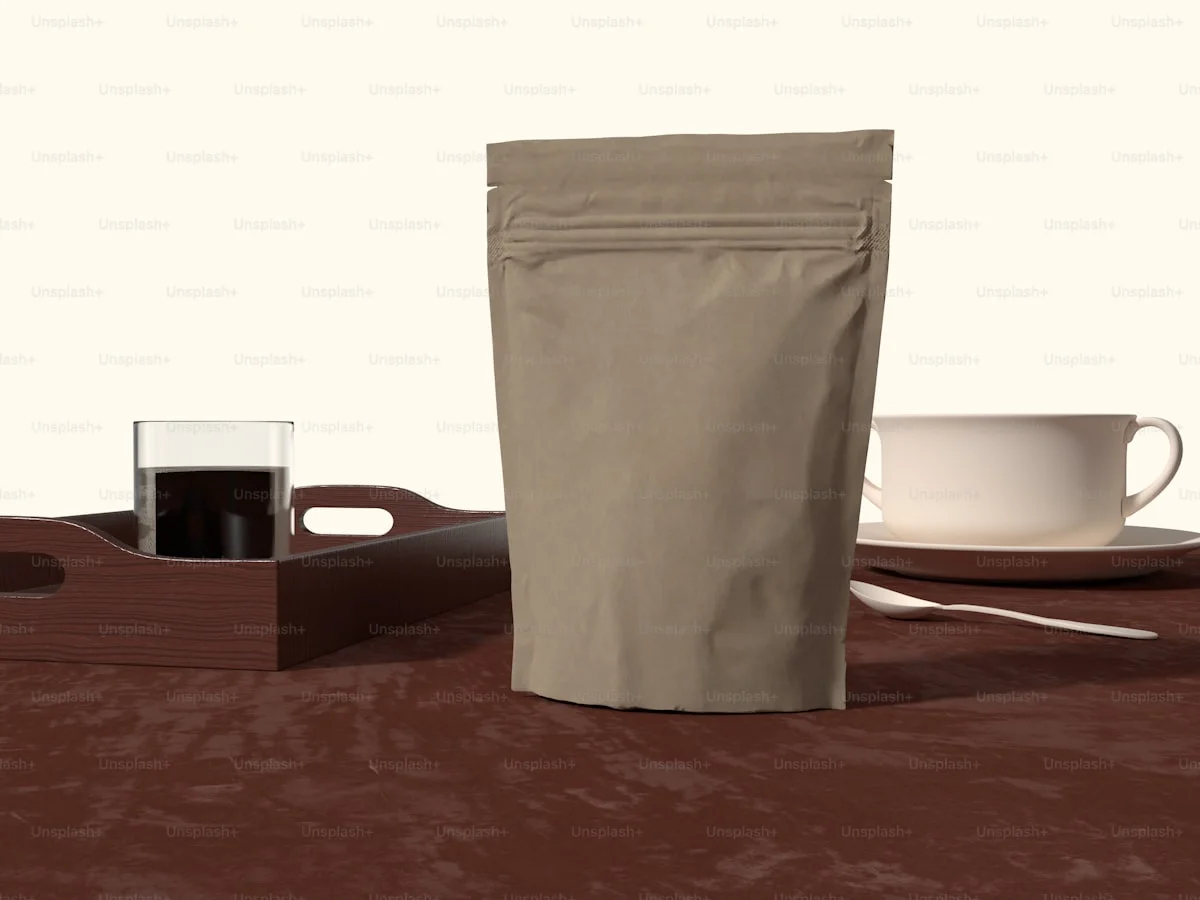 flat bottom coffee pouch with cup used to show premium shelf presentation