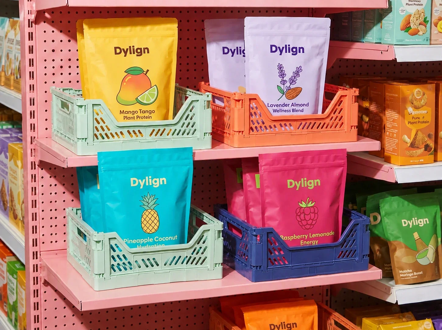 Colorful snack pouches on a display