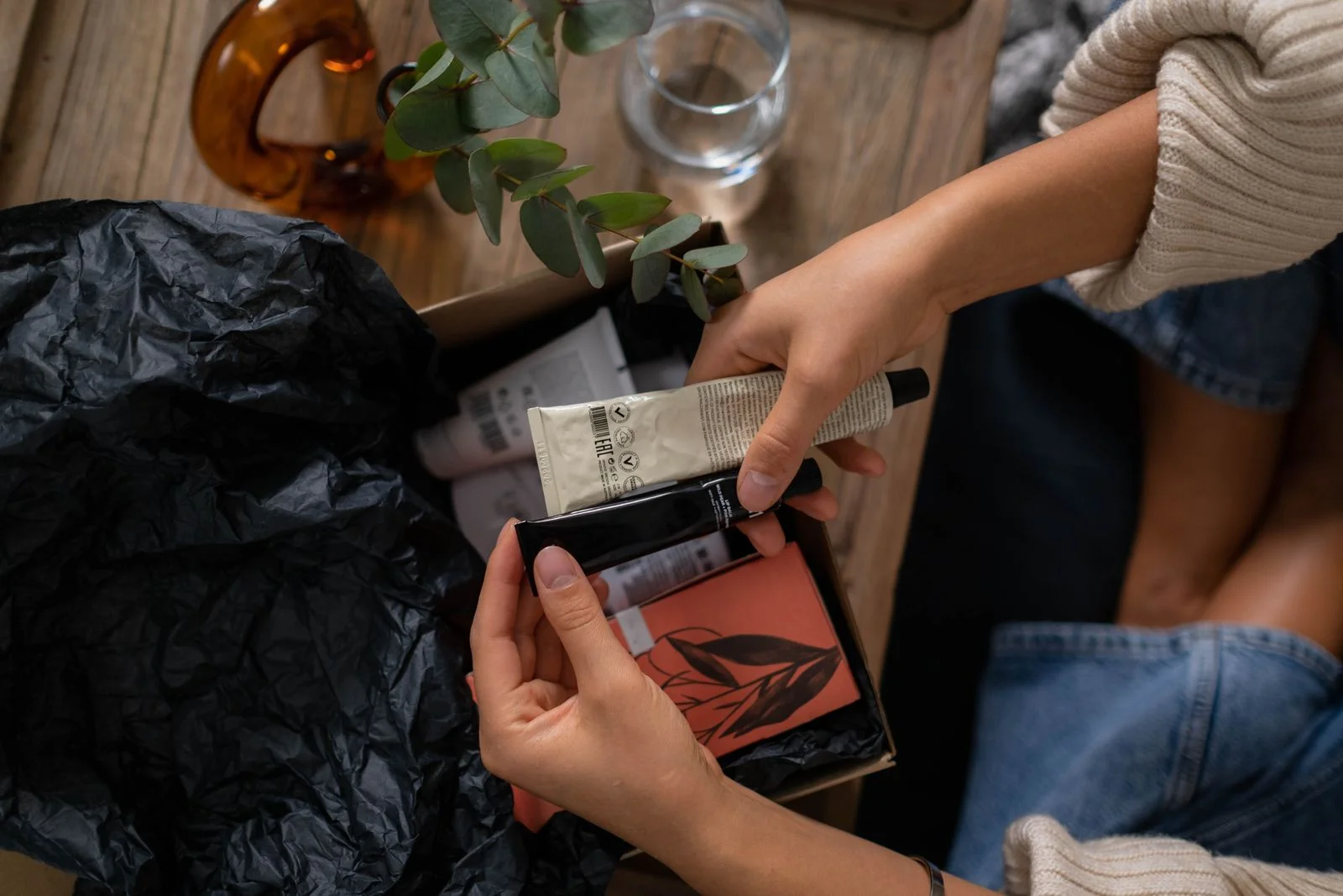subscription style unboxing with products arranged inside a box