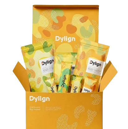 Dylign sample packaging box and pouches