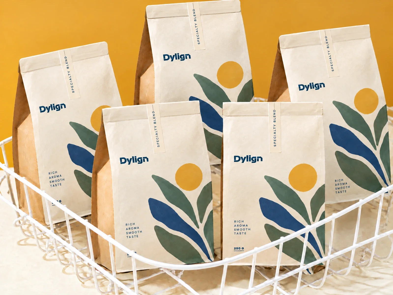 Printed flat-bottom pouches in a basket