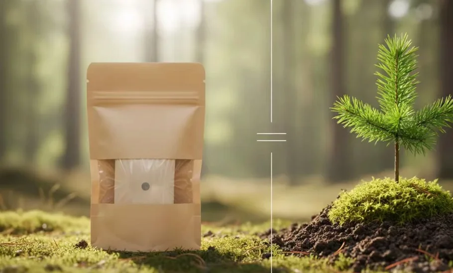 A recyclable pouch beside a young tree in a forest