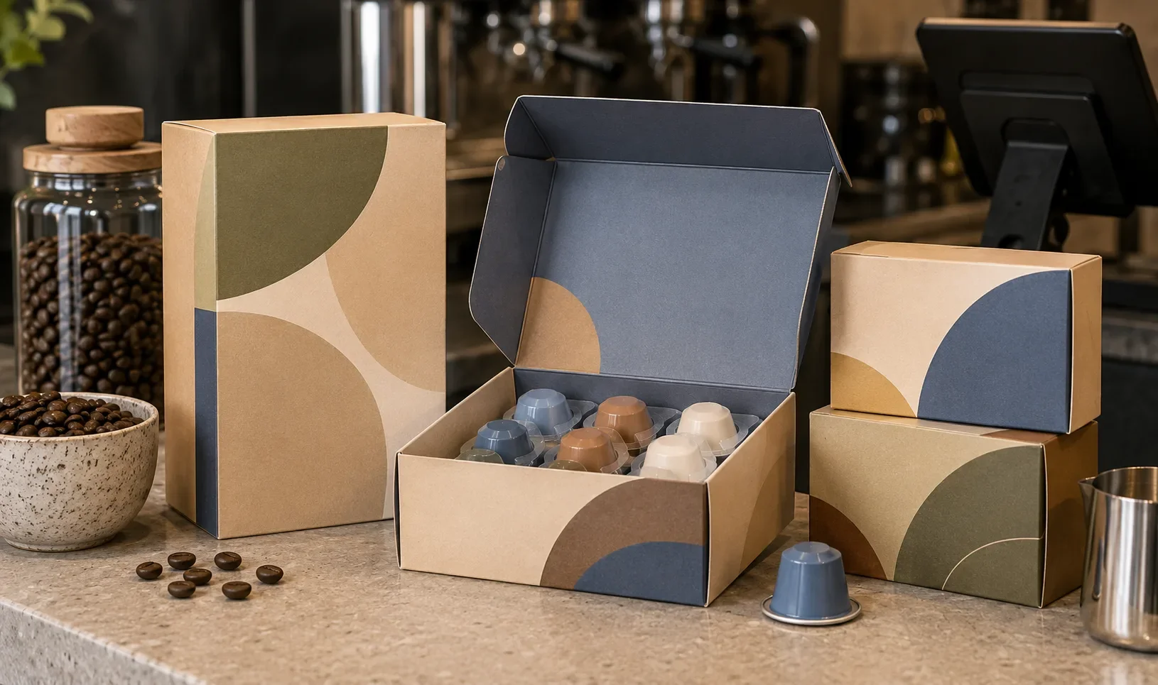 Custom Coffee Pod Boxes cafe counters