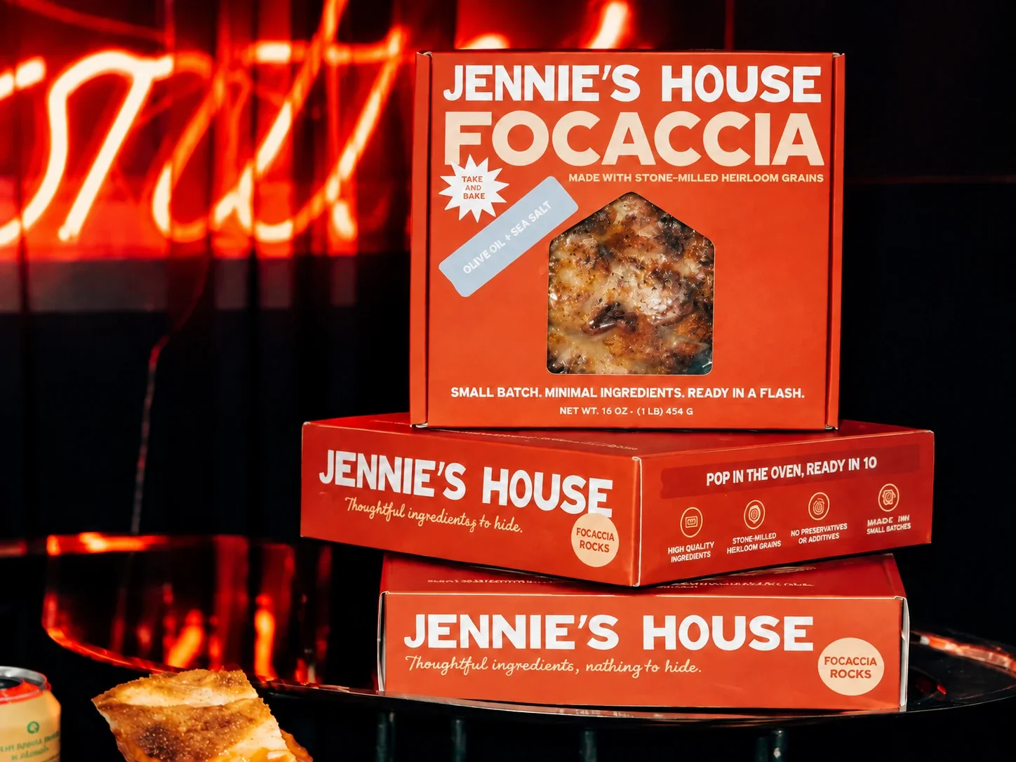Red focaccia mailer boxes on display