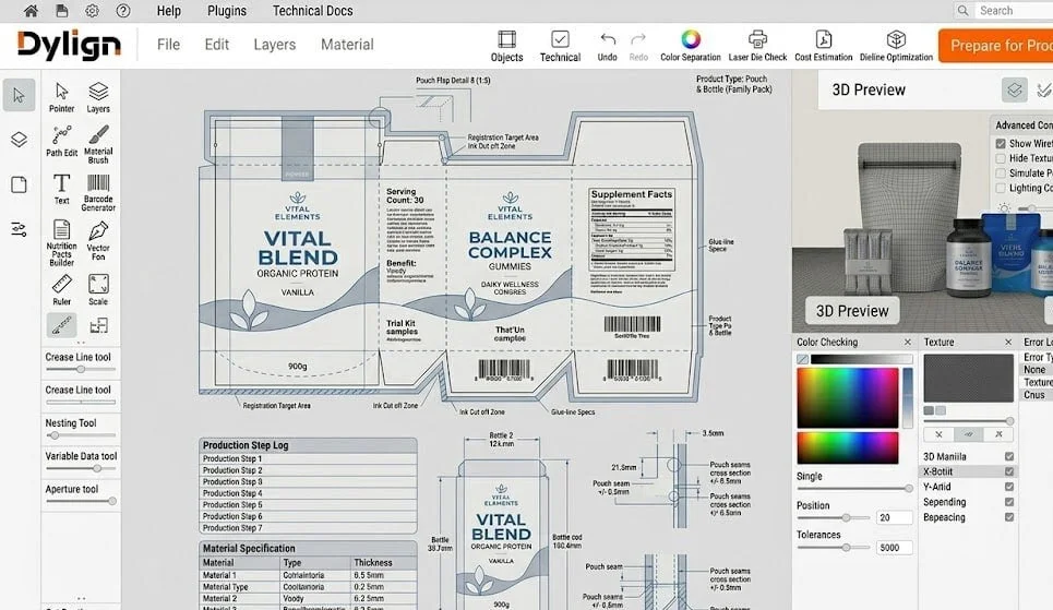 Packaging artwork and labeling layout in prepress software with dielines, barcode placement, and supplement facts panels