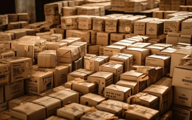 Stacks of unused cardboard packages in a warehouse