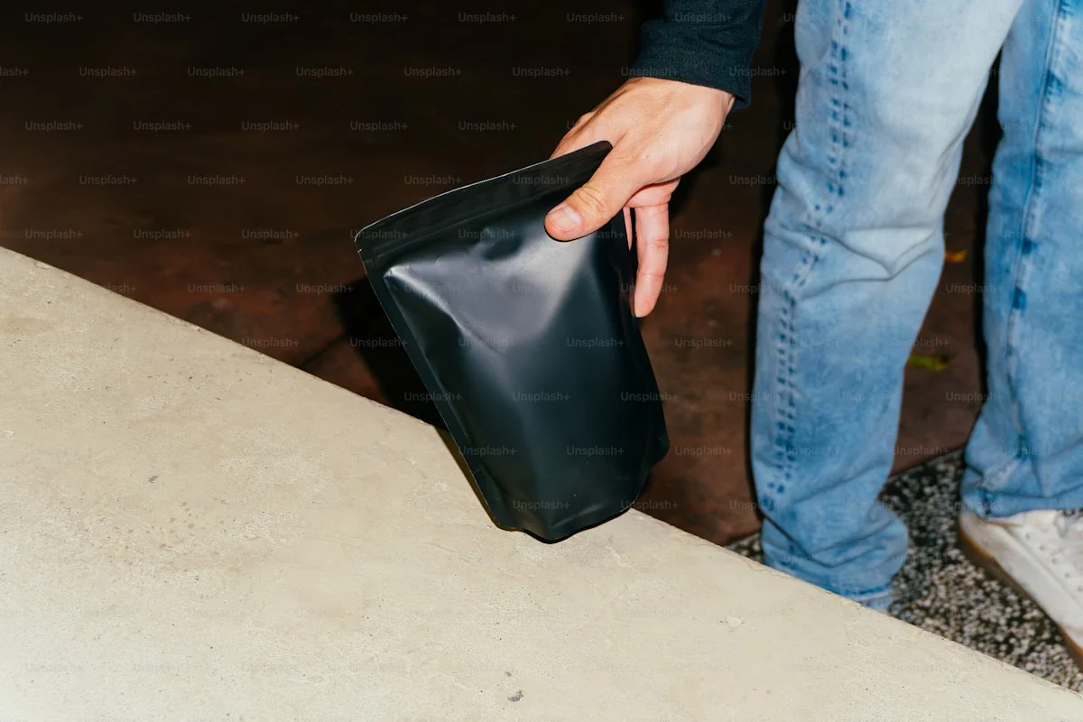 black stand up pouch being handled for sample size review