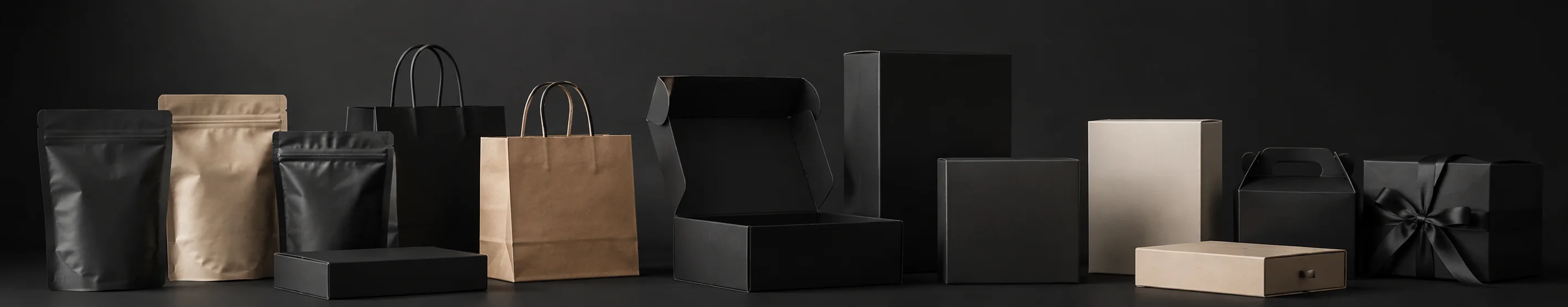 Custom packaging examples arranged in a dark studio