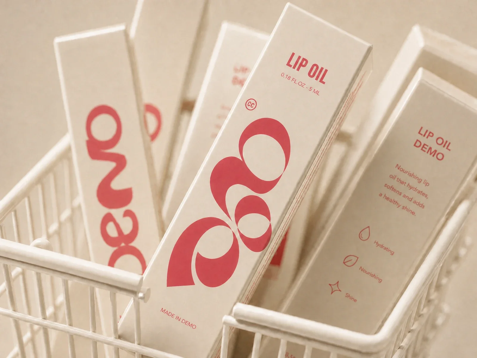 Lip oil folding cartons in a basket