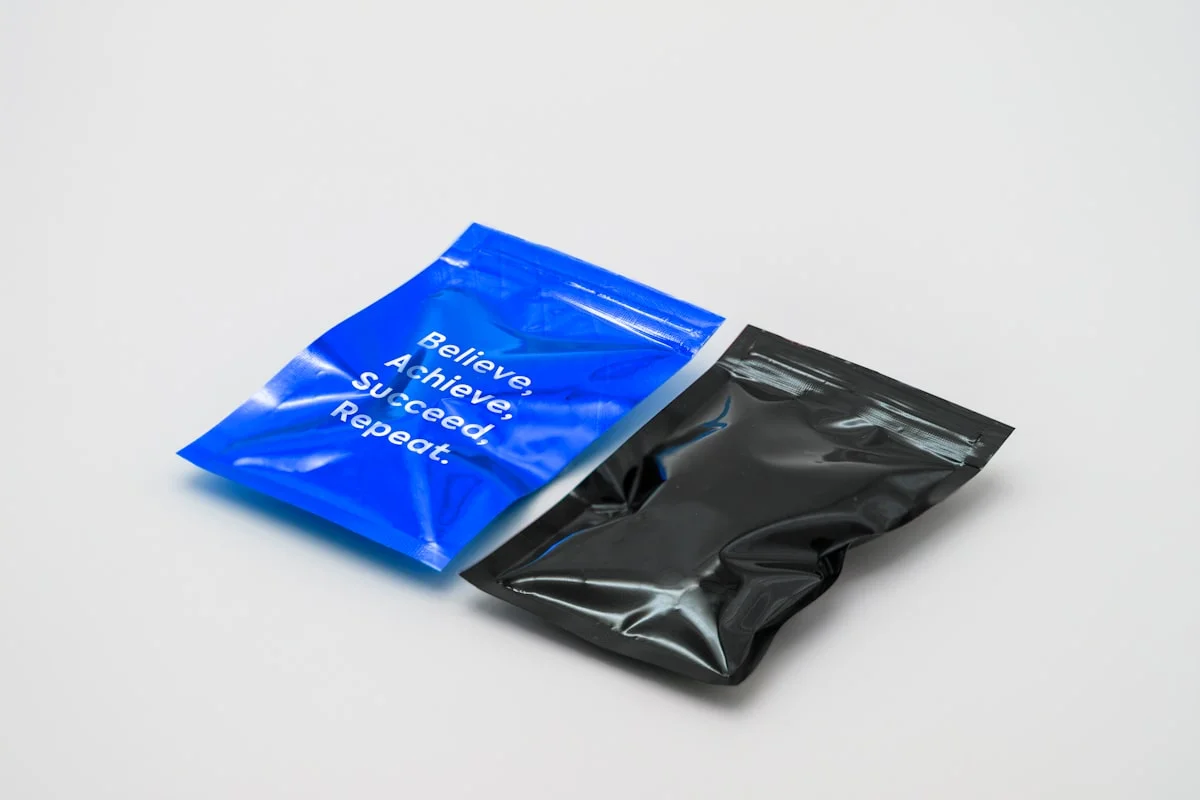 blue and black resealable pouches used for custom pouch option review