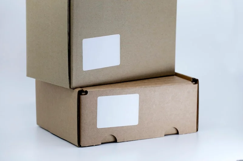 Brown kraft cardboard boxes with white labels showing contrast between kraft and regular paper
