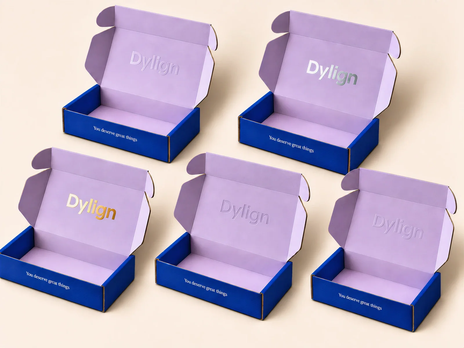 Purple mailer boxes with printed interiors