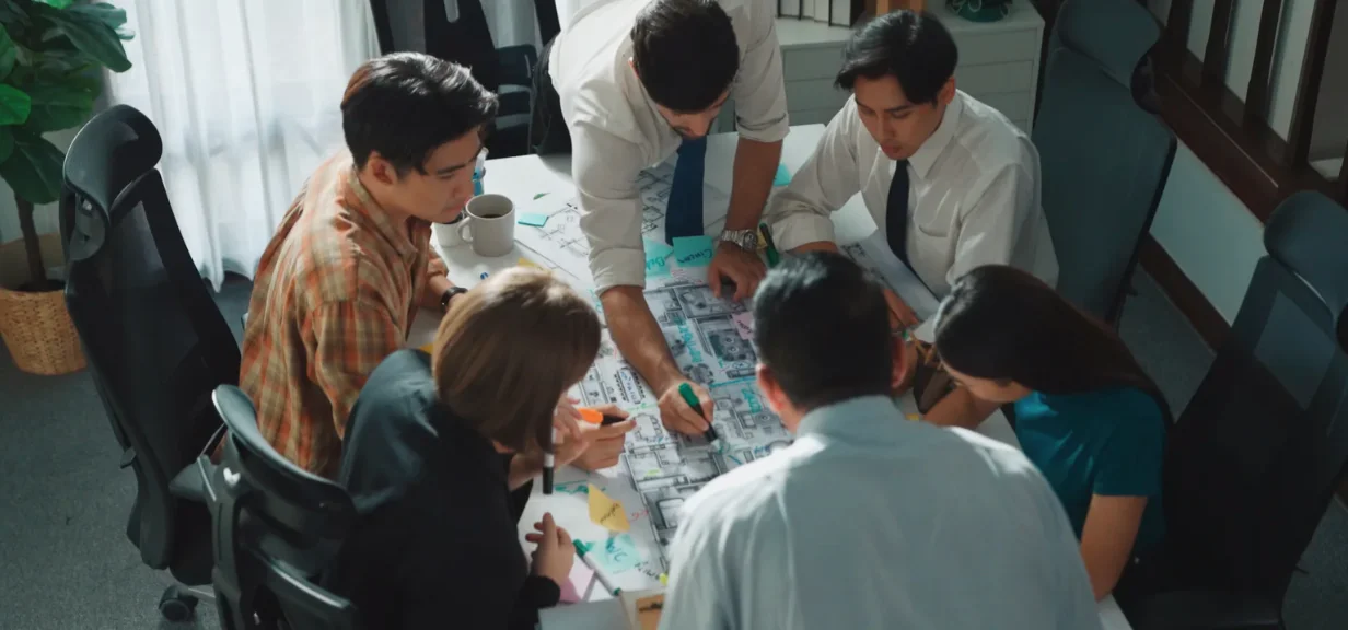 A packaging team collaborating around a design table