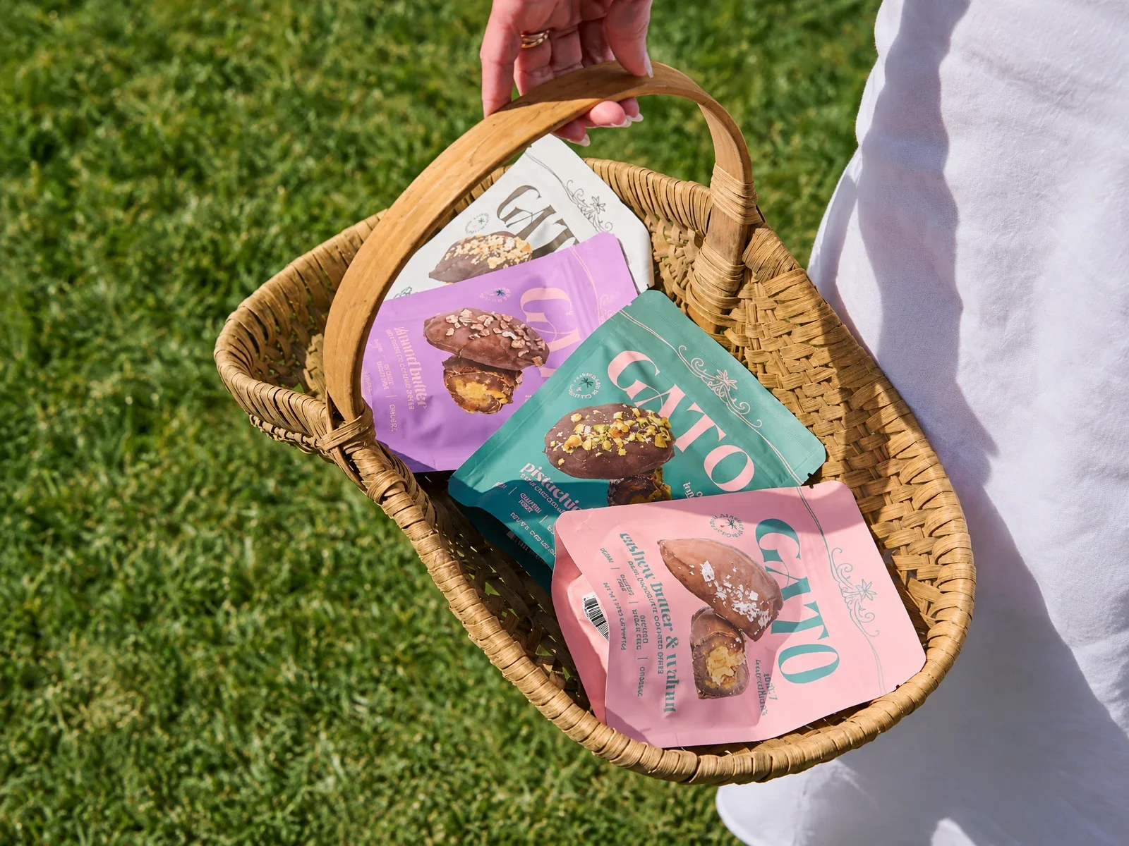 Printed pouches in a picnic basket