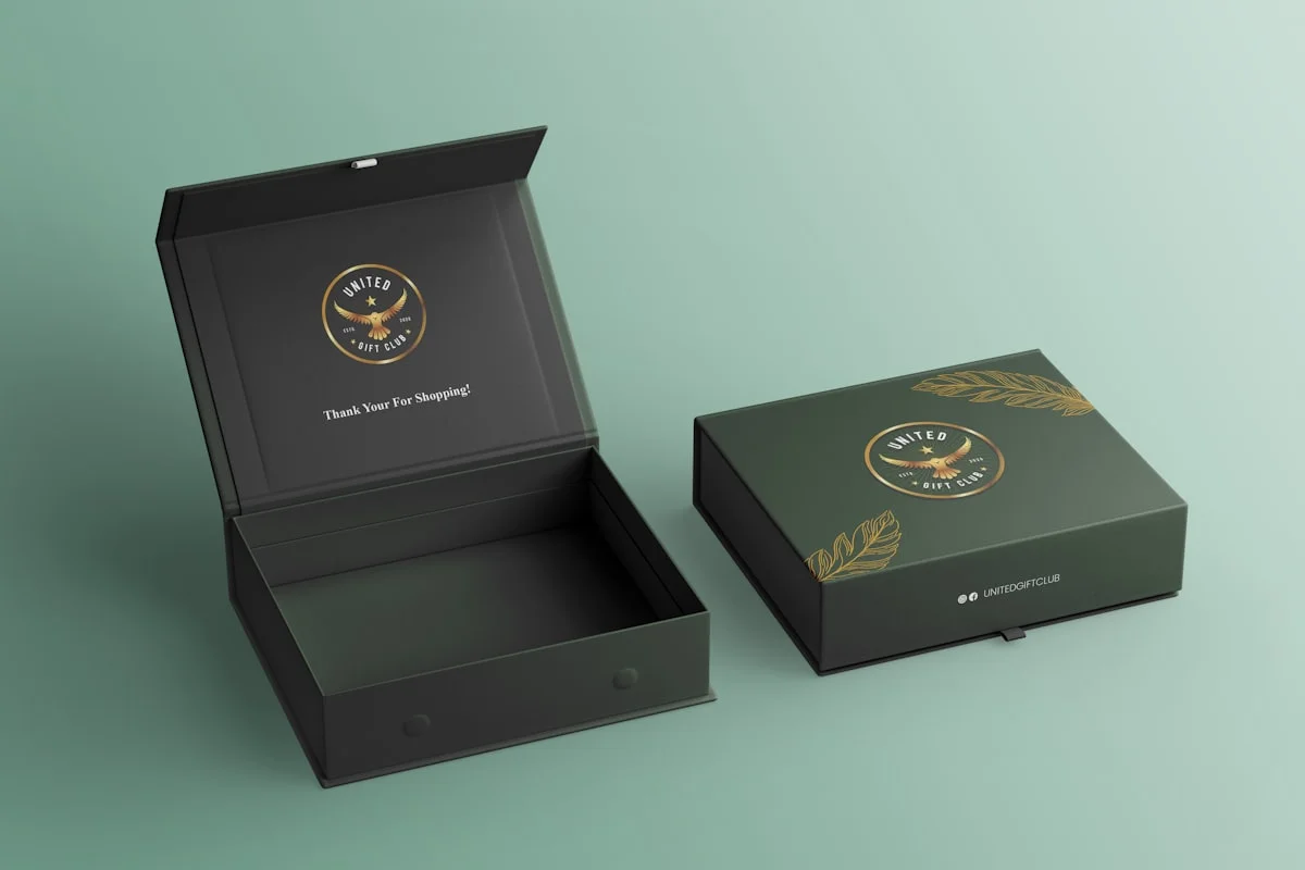 Black magnetic closure rigid box with gold emblem showing premium box style