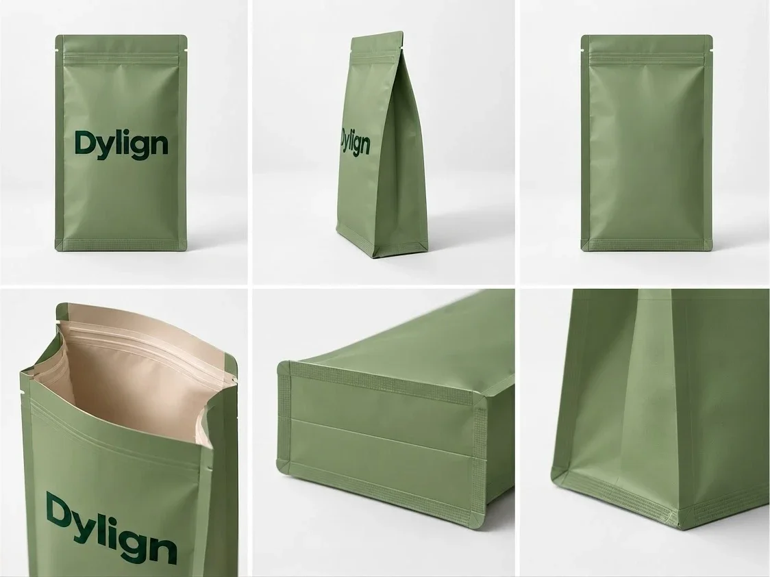 Green flat-bottom pouch construction details