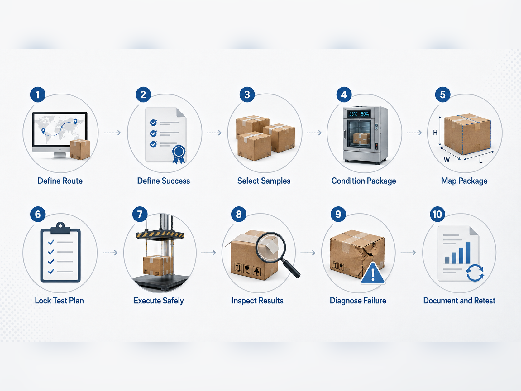 Ten-step packaging drop-test workflow from defining the route and success criteria through testing, inspection, documentation, and retesting
