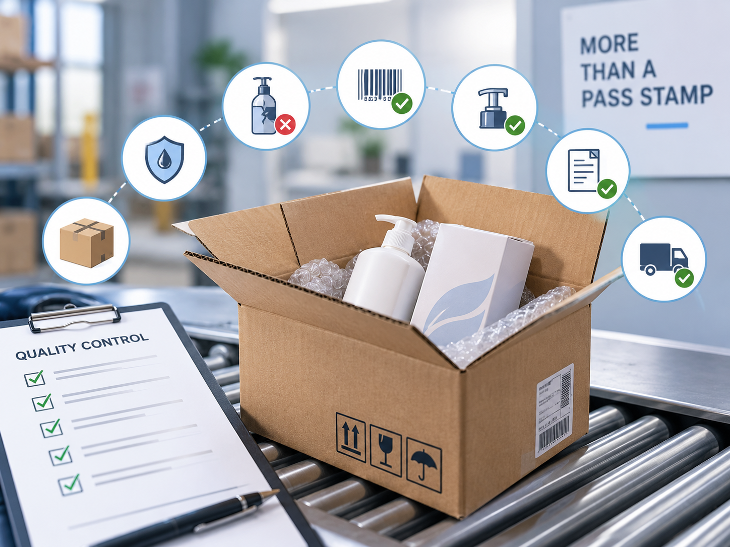 Quality-control inspection of a loaded shipping carton, product containers, labeling, closures, and distribution readiness