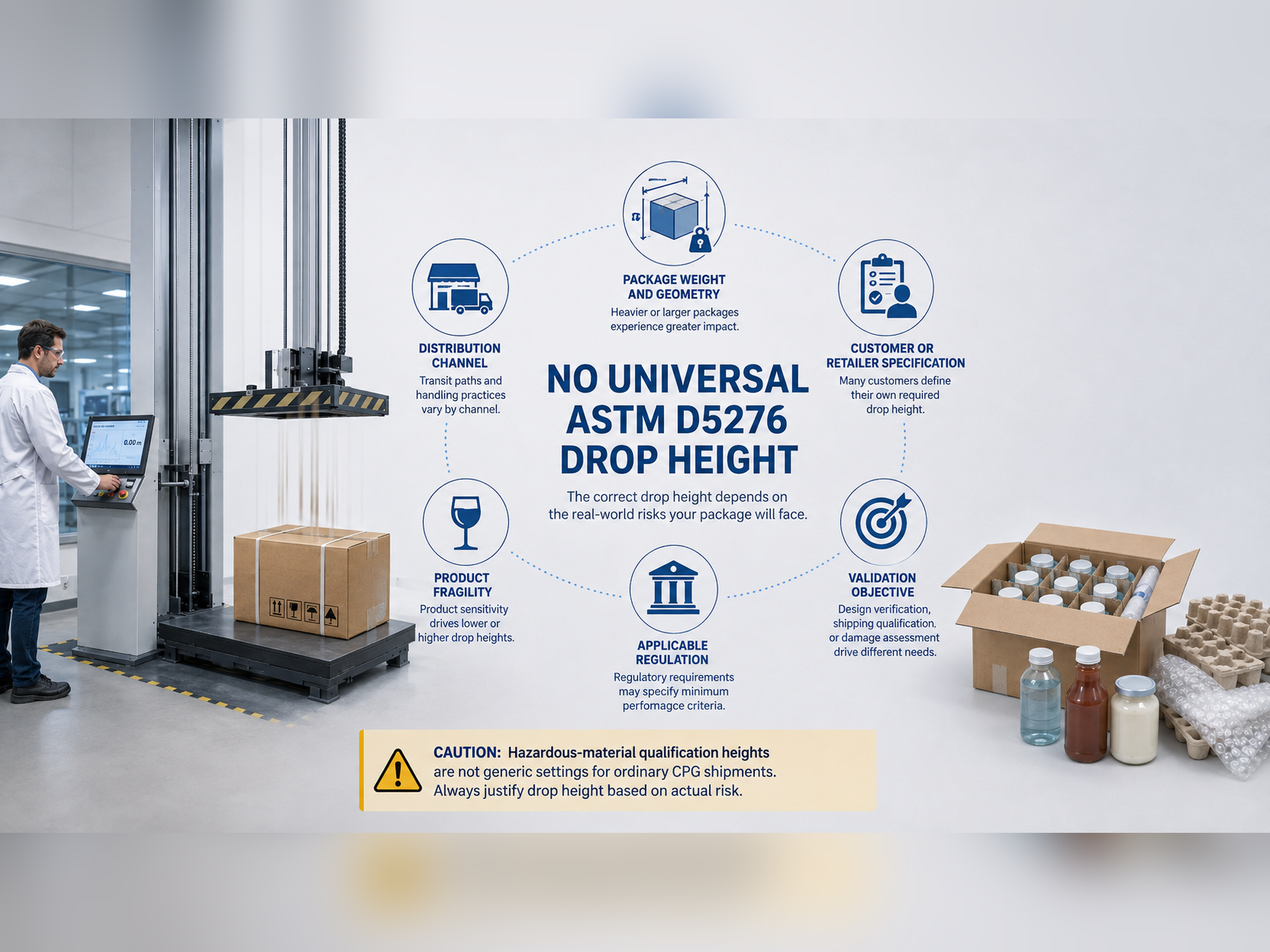 Diagram showing distribution channel, package weight and geometry, customer requirements, product fragility, regulation, and validation objective as factors in drop-height selection