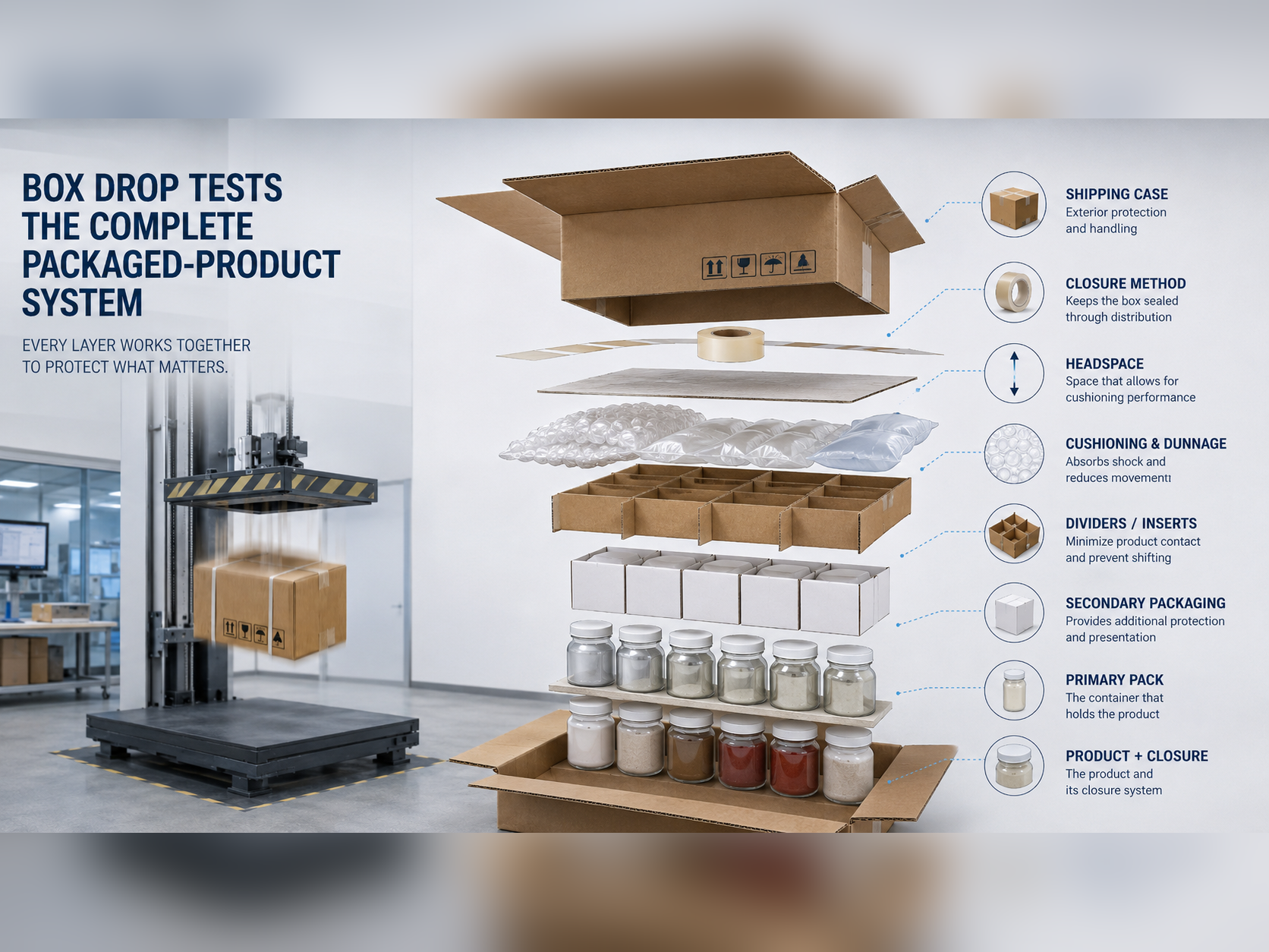 Exploded view of a loaded shipping case showing product, primary and secondary packaging, dividers, cushioning, headspace, closure, and outer case