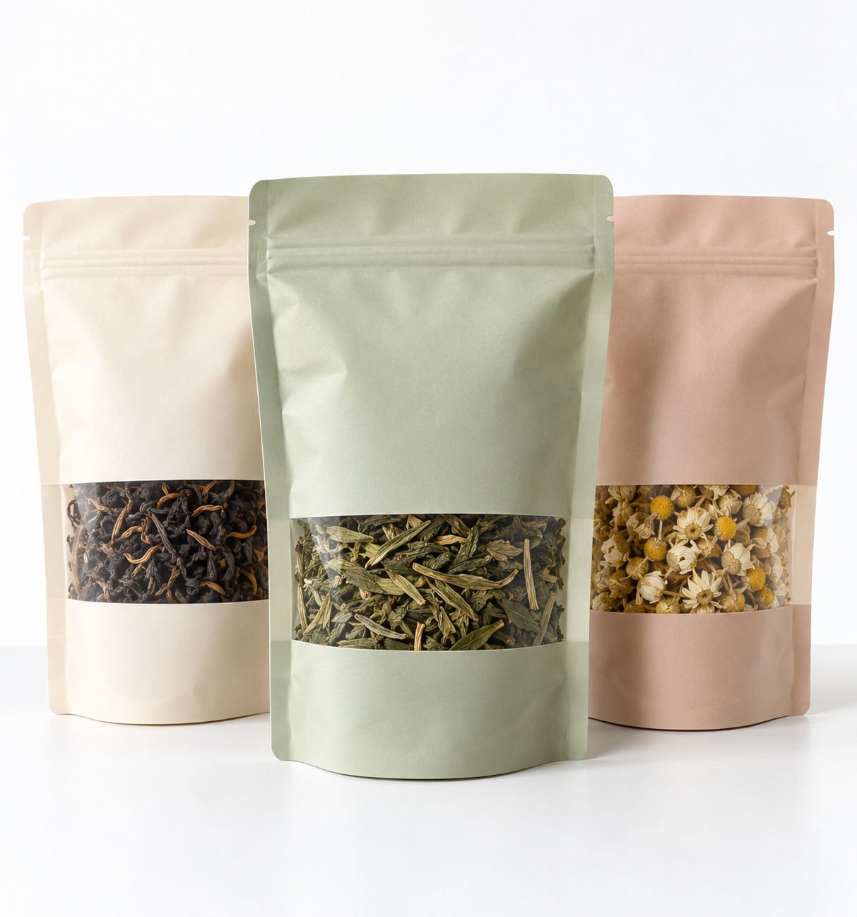 Three color-coded stand-up pouches displaying different loose-leaf tea blends