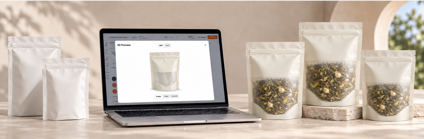 Ivory stand-up tea pouches displayed beside a digital pouch preview