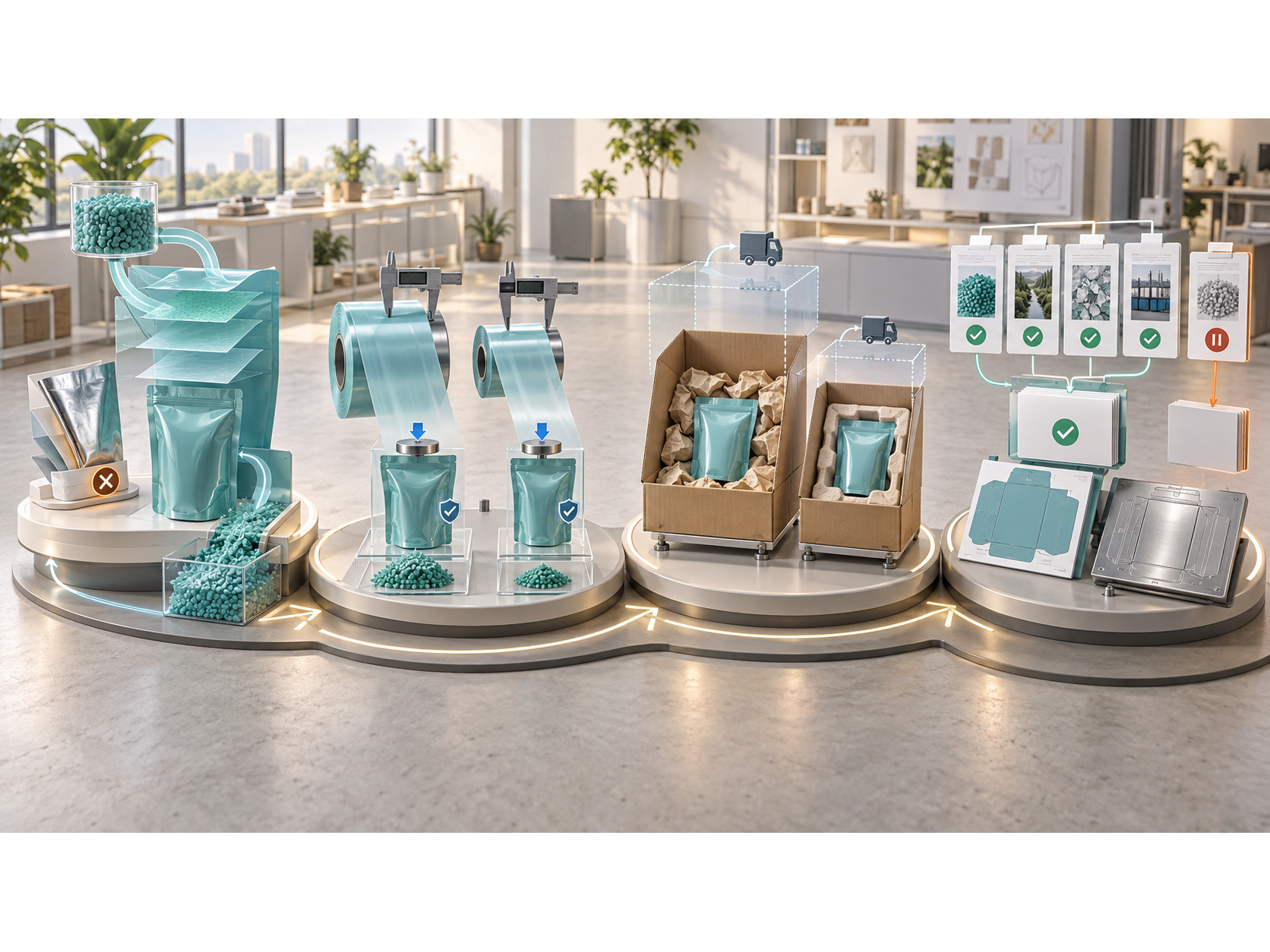 Mono-material flexible packaging concepts showing pouches, layers, closures, and recycling options.