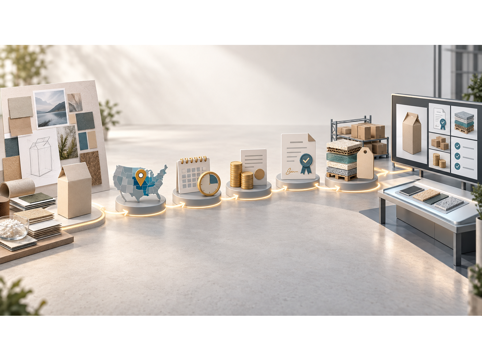 Packaging materials, documentation, and compliance milestones arranged across a packaging development workspace.