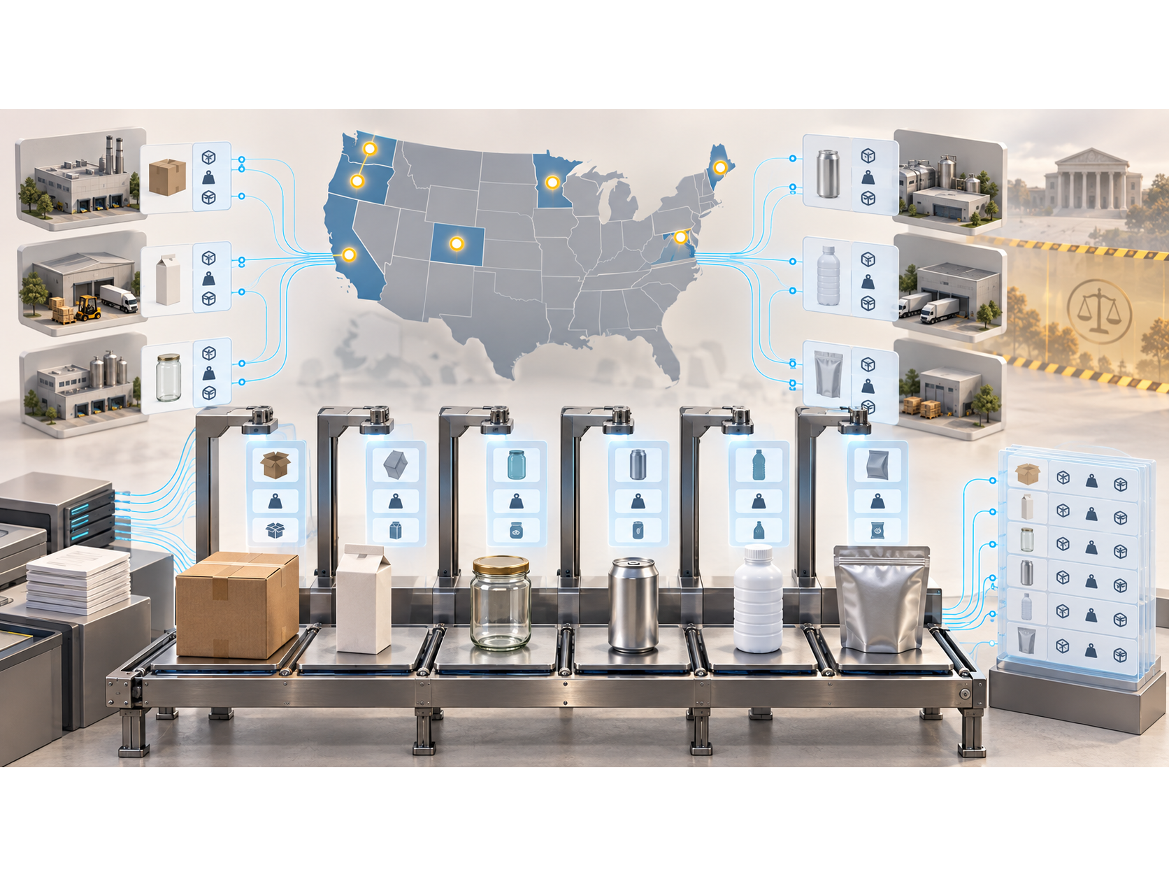 Packaging formats on a conveyor linked to a U.S. map, state programs, and compliance records.